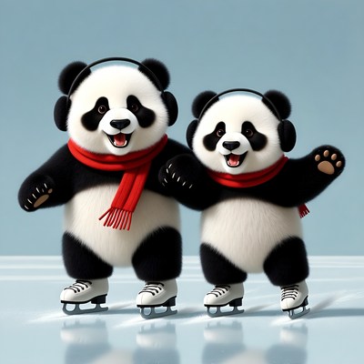 Two cute pandas ice skating