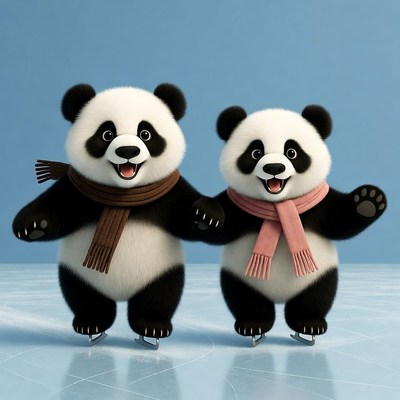 Two cute pandas ice skating
