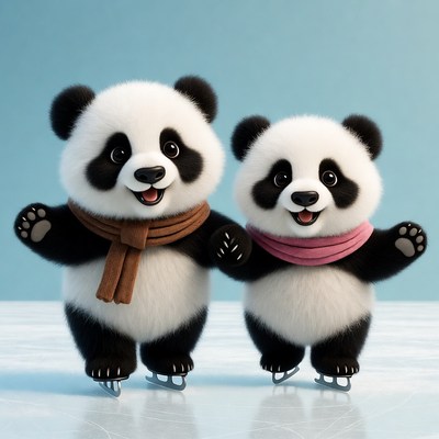 Two Cute Pandas Ice Skating