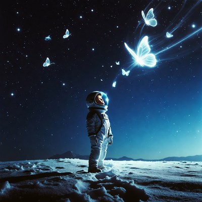 Child astronaut chasing glowing butterflies