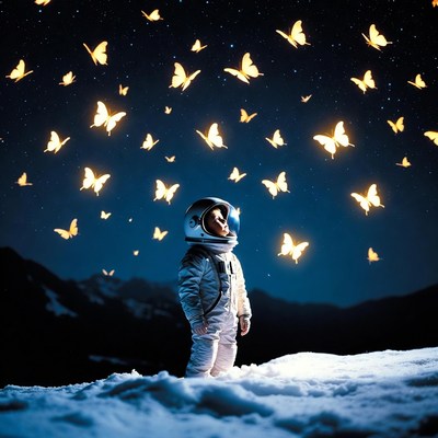 Boy astronaut surrounded by glowing butterflies