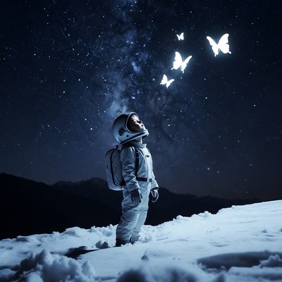 Child astronaut gazing at starry sky with butterflies
