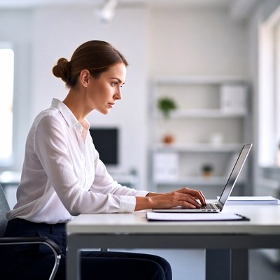 Woman working on laptop at office desk
