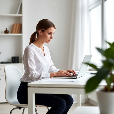 Woman working on laptop at desk