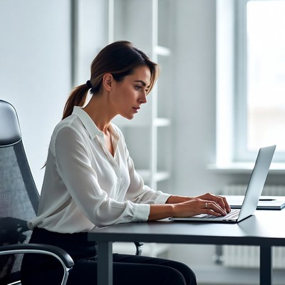 Woman typing on laptop in office
