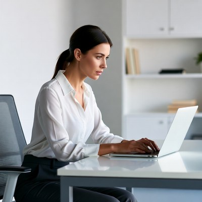 Woman working on laptop at office desk