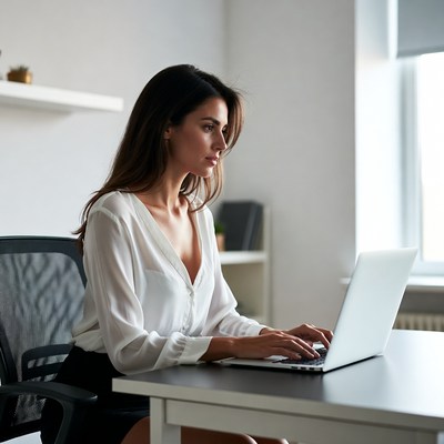 Woman working on laptop at office desk