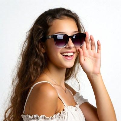 Smiling woman waving in sunglasses