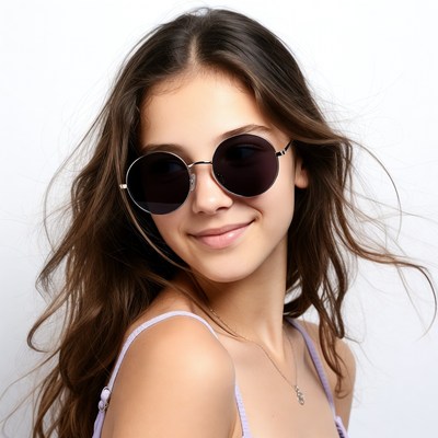 Smiling woman in round sunglasses