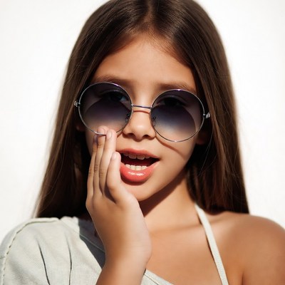 Girl in oversized sunglasses surprised expression