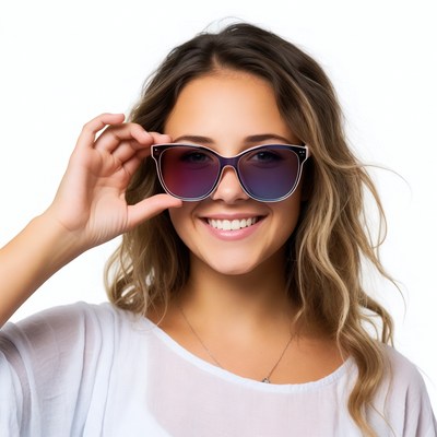 Woman holding purple sunglasses