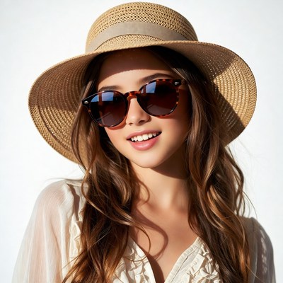 Woman wearing straw hat sunglasses