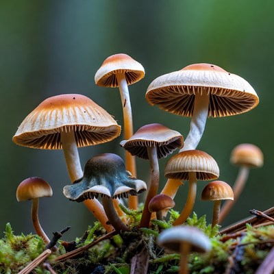 Cluster of Wild Mushrooms on Forest Moss