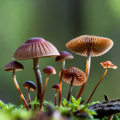 Cluster of mushrooms on mossy log