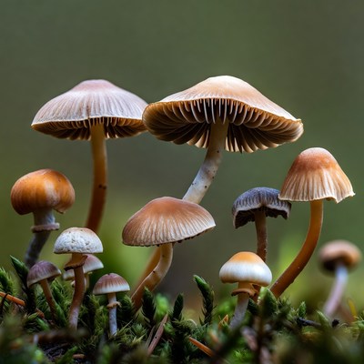 Cluster of mushrooms on moss