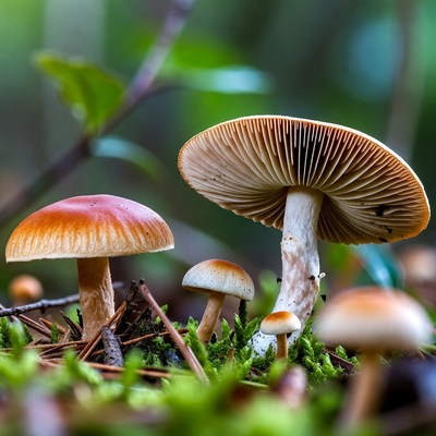 Cluster of Wild Mushrooms in Forest