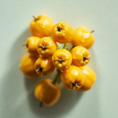 Dew-covered yellow berries cluster