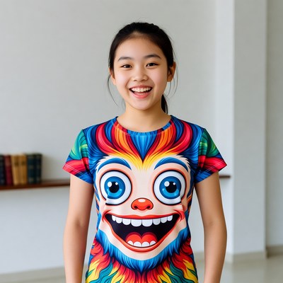 Asian girl in colorful monkey t-shirt