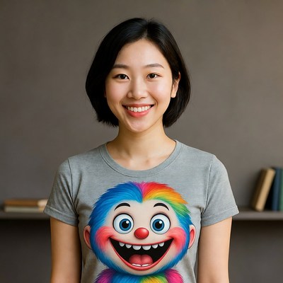 Asian woman wearing colorful monkey t-shirt