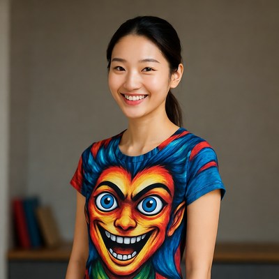 Asian woman smiling in colorful monster t-shirt