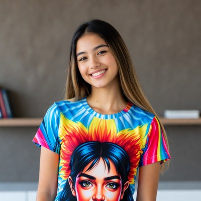 Asian girl in colorful sunflower t-shirt