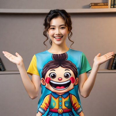 Asian woman wearing cartoon t-shirt