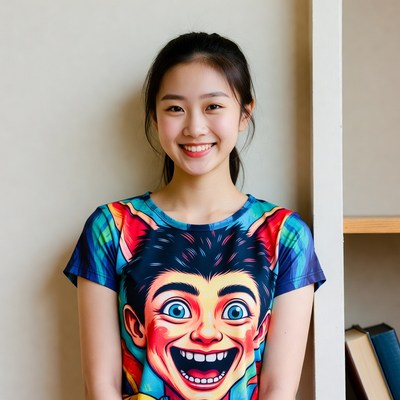 Asian girl in colorful cartoon boy t-shirt