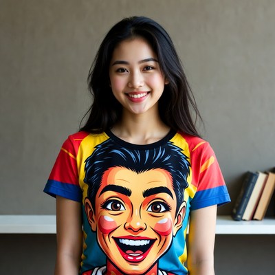 Asian woman in colorful cartoon t-shirt