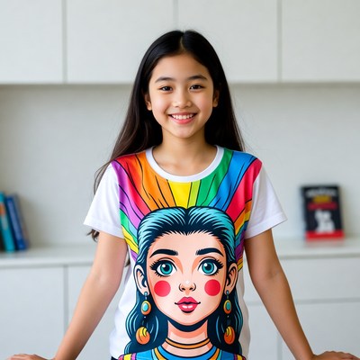 Asian girl in rainbow t-shirt