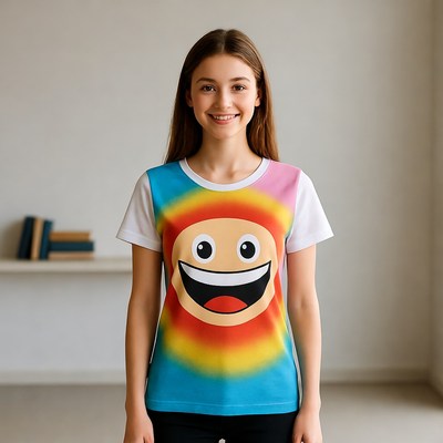 Girl smiling in rainbow smiley t-shirt