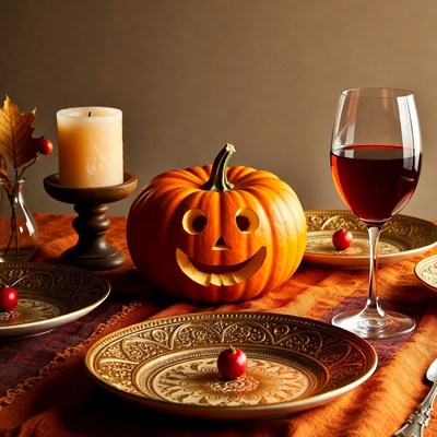Jack-o'-lantern with red wine and candle