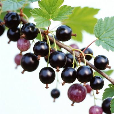 Ripe Black Currants on Branch