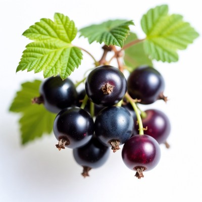 Black currants with green leaves
