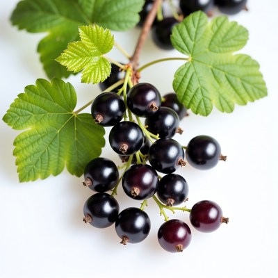 Black Currant Berries on Green Leaves