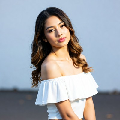 Smiling Asian woman in off-shoulder top