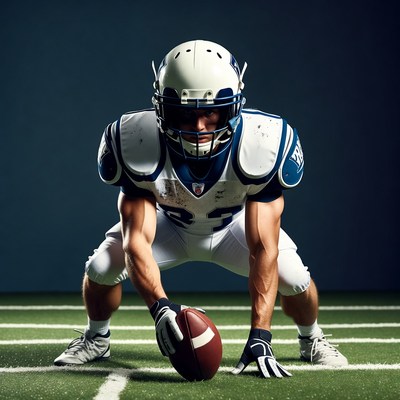 Football player crouching with ball