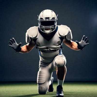 Football player kneeling in silver uniform