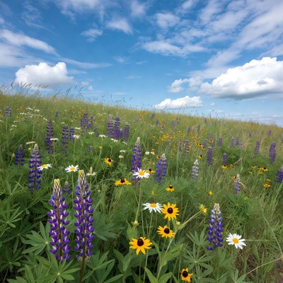 Purple Lupines and Daisies in Meadow