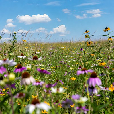 Colorful Wildflower Meadow Under Blue Sky