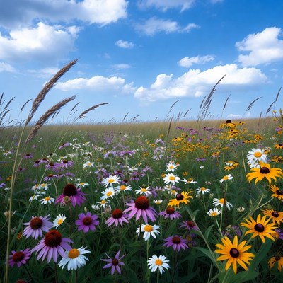 Colorful Wildflower Field Under Blue Sky
