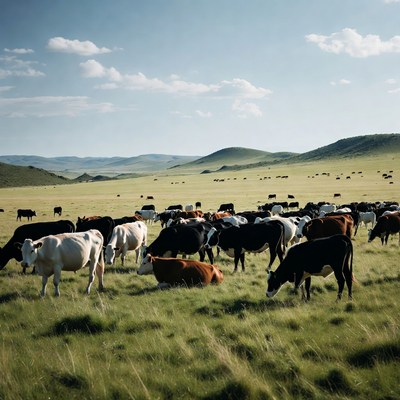 Herd of cows grazing green pasture
