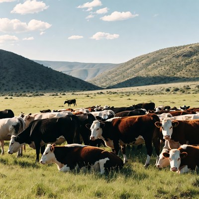 Herd of cows grazing in green valley