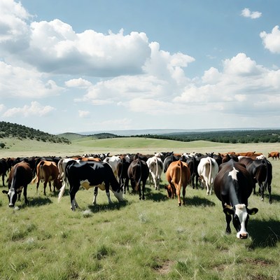 Herd of cows grazing in green pasture