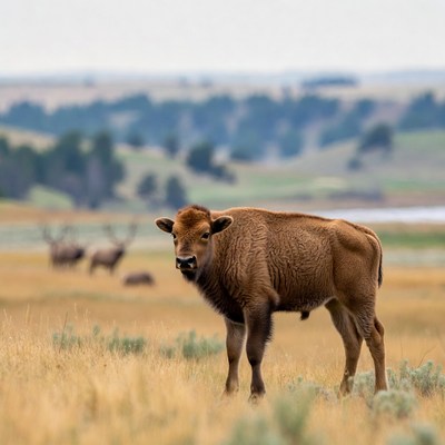 Baby Bison in Grassy Field