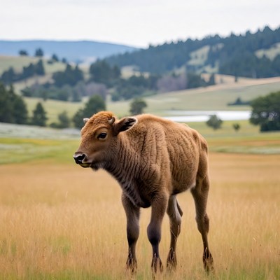 Calf standing in golden grassland