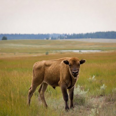 Baby bison standing in grassland