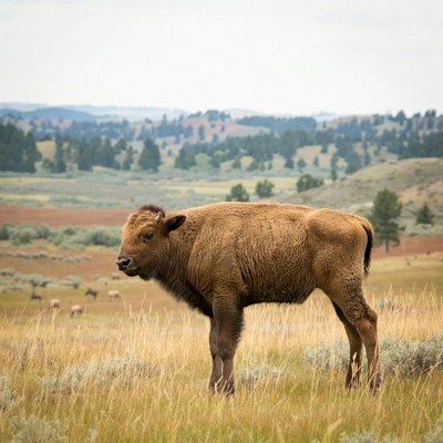 Bison calf standing in grassy field