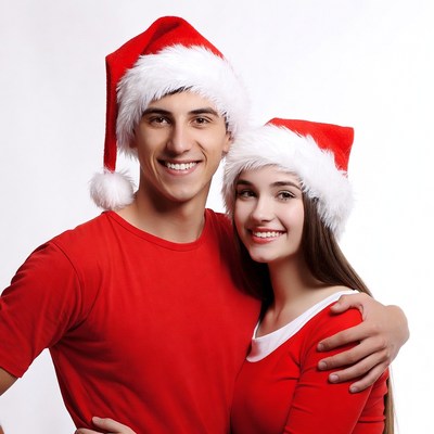 Smiling couple wearing Santa hats