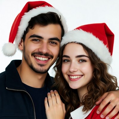 Smiling couple wearing Santa hats