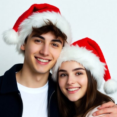 Young couple wearing Santa hats